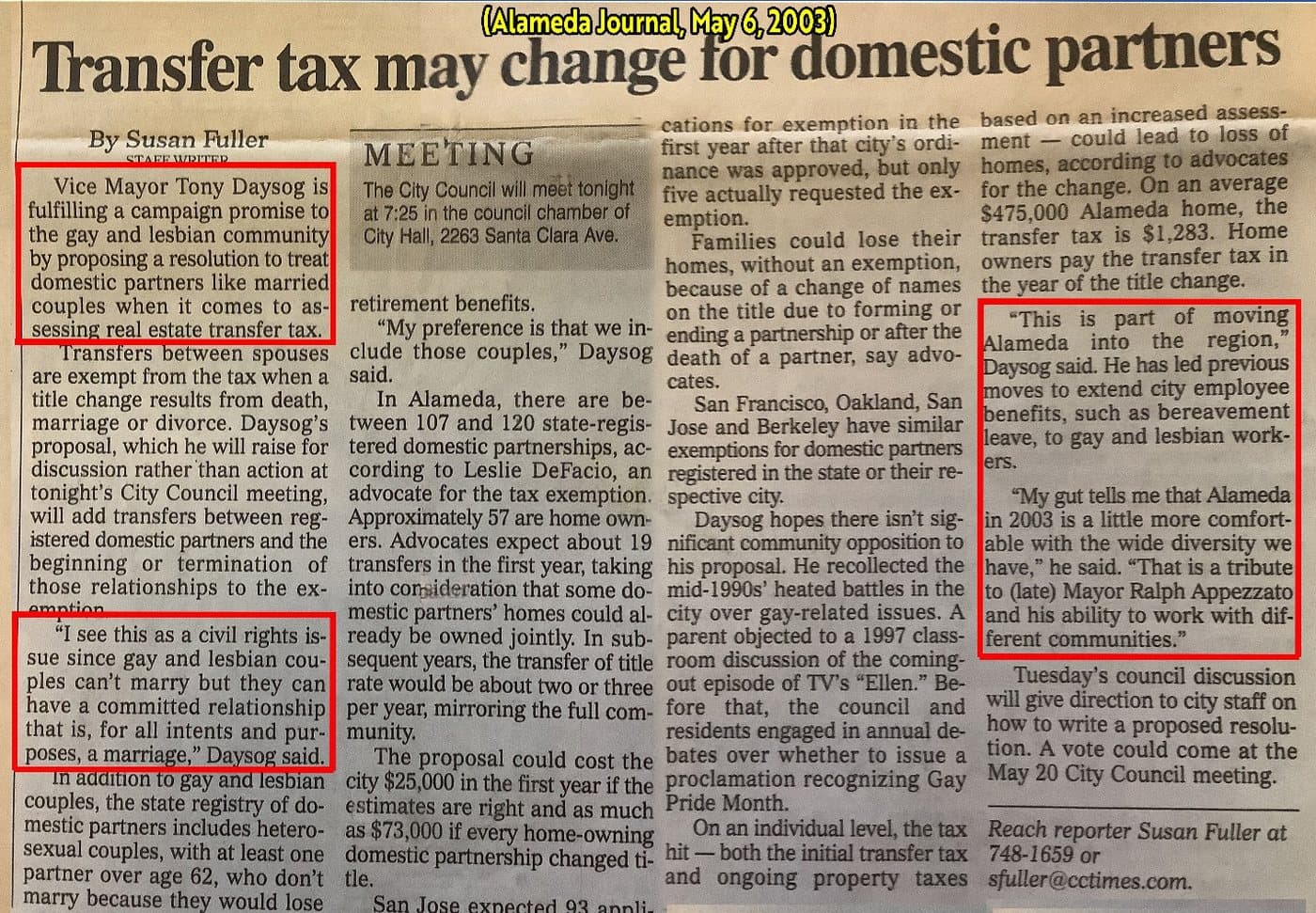 Alameda Journal article from May 6, 2003, by Susan Fuller, headlined “Transfer tax may change for domestic partners.” Highlighted passages report that Vice Mayor Tony Daysog is fulfilling a campaign promise to the gay and lesbian community by proposing to treat domestic partners like married couples for the real estate transfer tax, and quote him: “I see this as a civil rights issue since gay and lesbian couples can’t marry but they can have a committed relationship that is, for all intents and purposes, a marriage.”