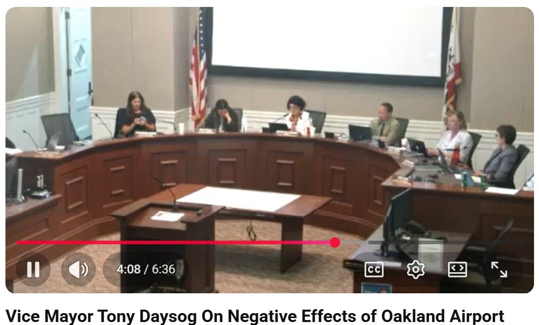 Still from video of an Alameda City Council meeting, titled “Vice Mayor Tony Daysog On Negative Effects of Oakland Airport…”